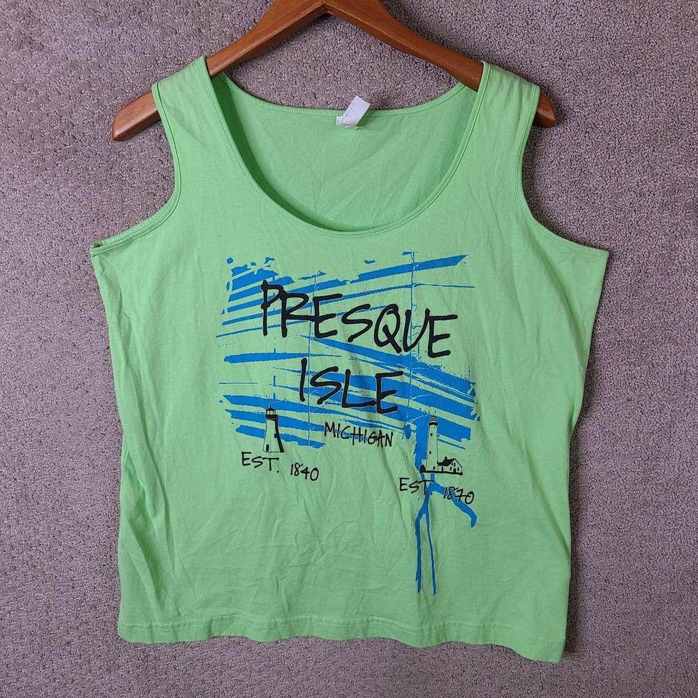 LAT Shirt Womens XL Green Presque Isle Michigan Graphic Tank Top Cotton Casual